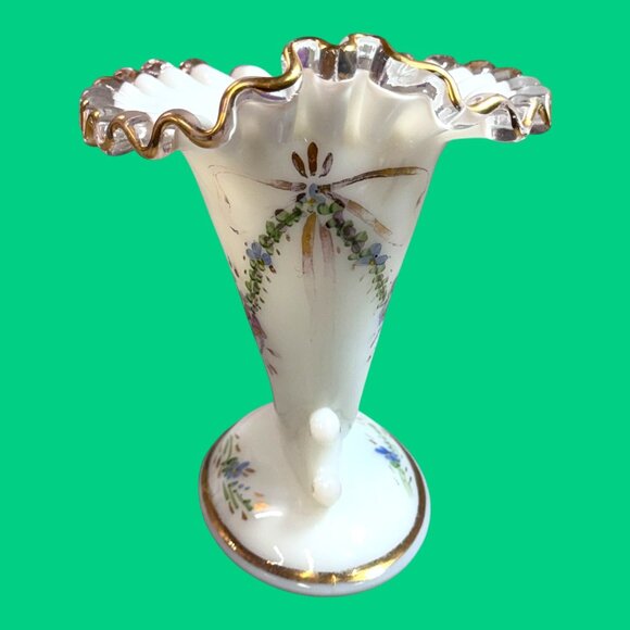 Fenton Cornucopia Milk Glass Gold Crested Bud Vase Hand Painted Floral Design - Picture 2 of 8